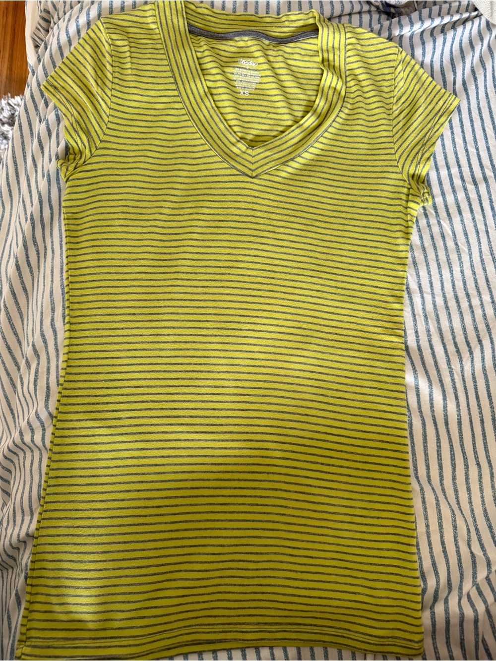 Mossimo Striped V-Neck T-Shirt in Lime Green and Dark Gray